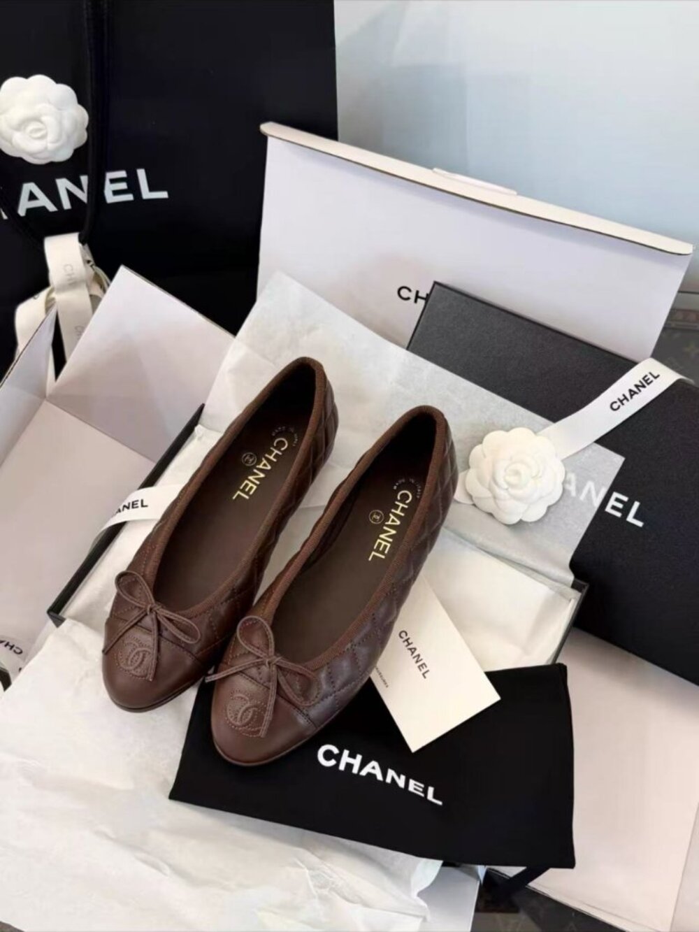 CHANEL Vintage Brown Quilted CC Ballet Flat Shoes